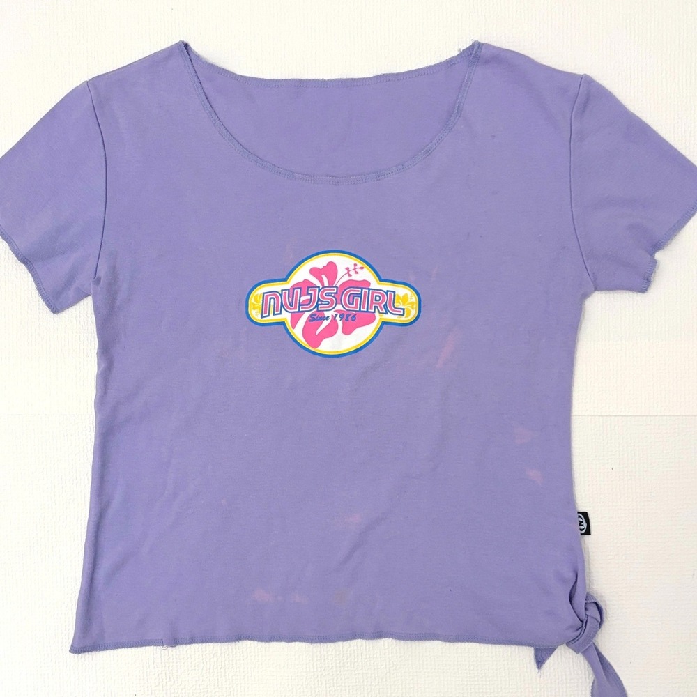 Vintage NJS Girl Graphic Tee Side Tie Hibiscus Purple Small